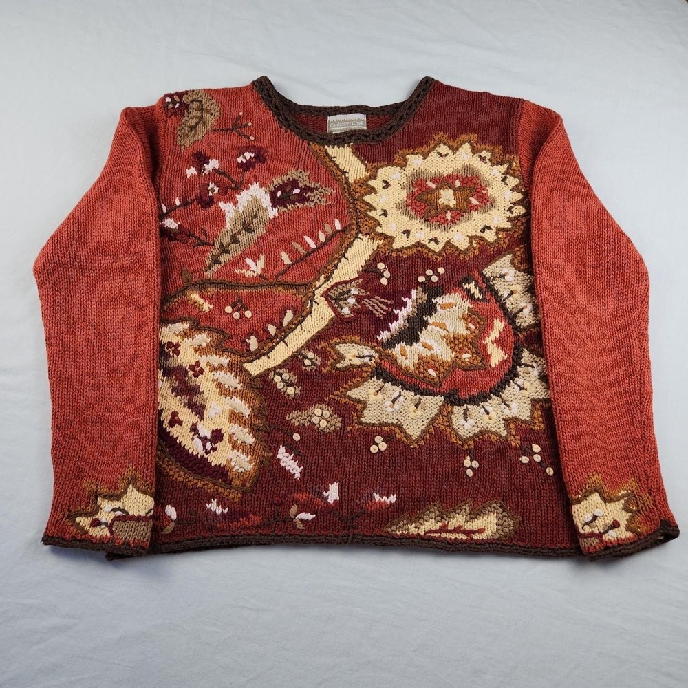 Coldwater Creek Vintage 90s Floral Geometric Orange Knit Sweater Size S